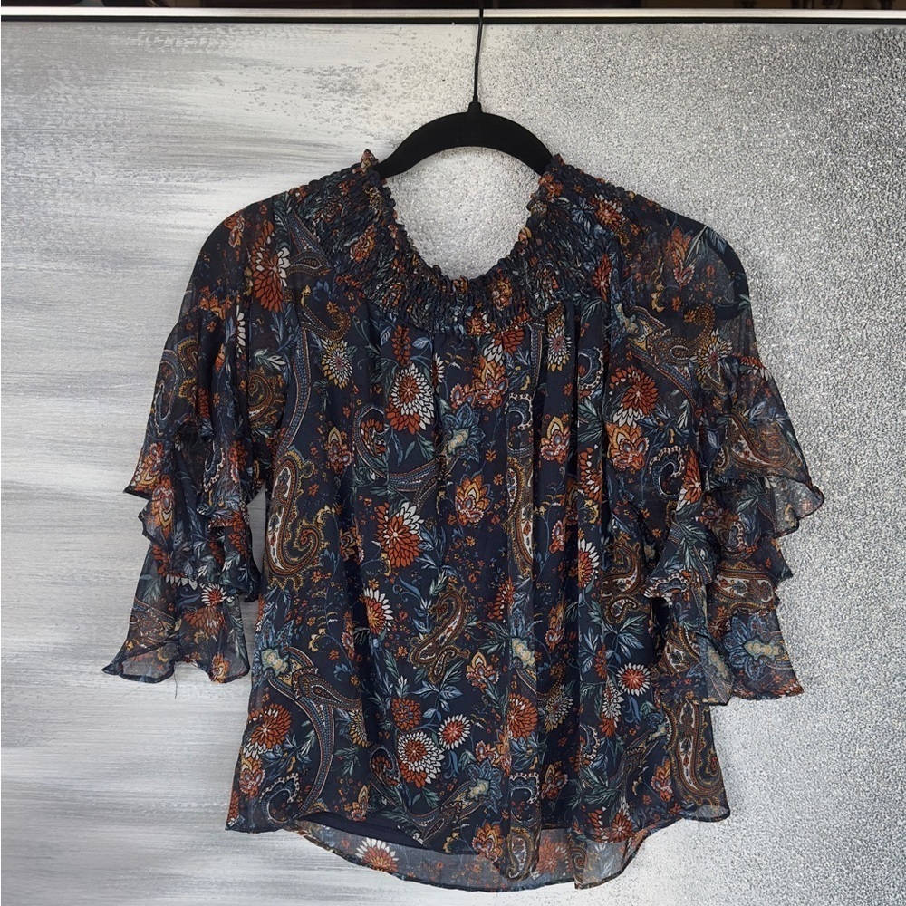 1. State Orange Bell Sleeve Blouse with Ruffled Mandarin Collar - Picture 4 of 6
